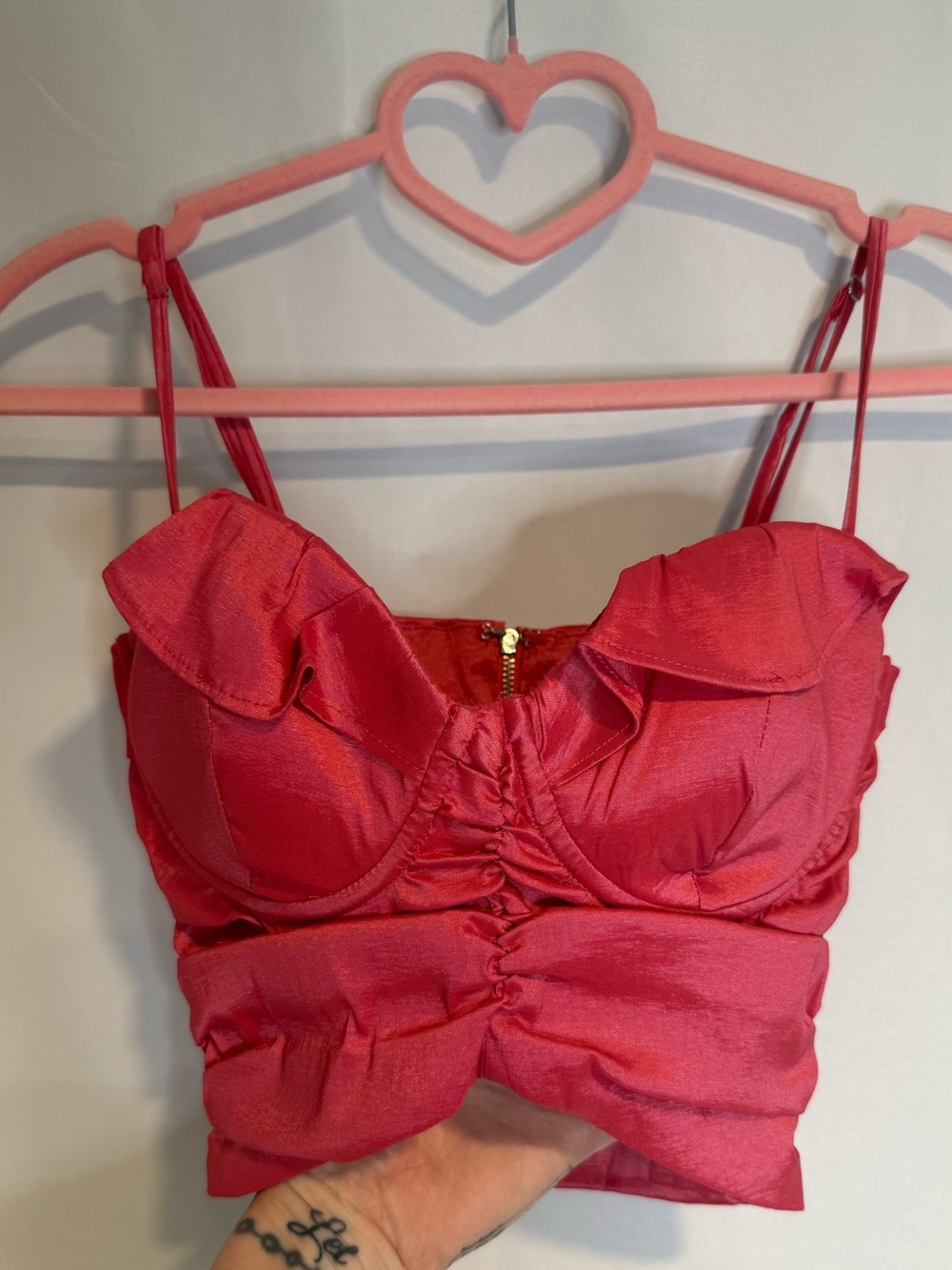 Oh Polly Ruched Satin Corset Crop Top - Rose Pink - US 2 / UK 6